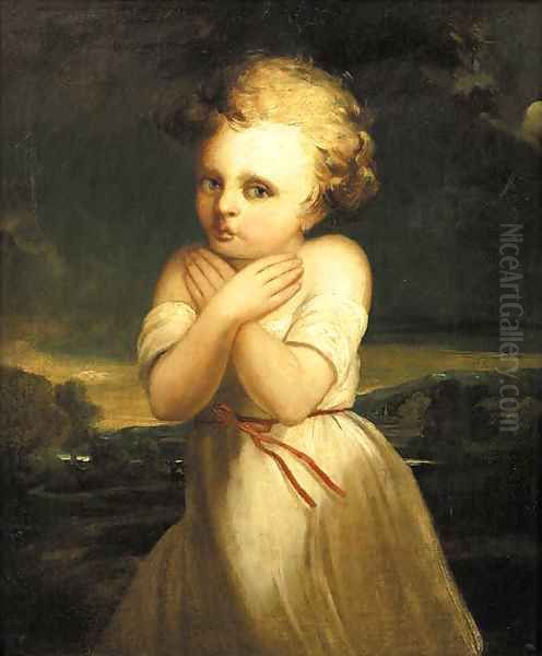 Portrait of a girl, standing small three quarter length in a landscape, wearing a white dress, being frightened by the weather Oil Painting by George Romney