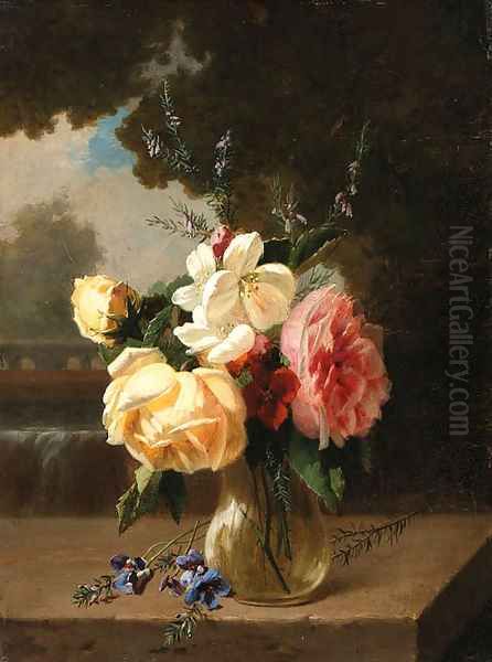 A vase of flowers on a stone ledge by a waterfall Oil Painting by Henri Robbe