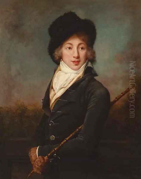 Portrait of Auguste Vestris, three-quarter-length, in a dark grey velvet jacket and a fur hat, a cane in his right hand Oil Painting by Adele Romany