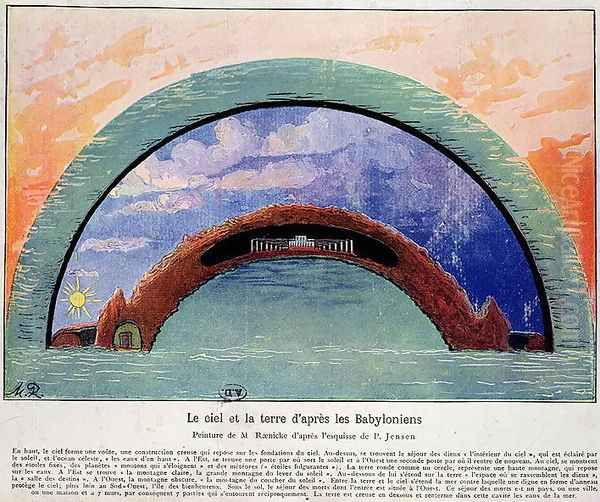 Representation of heaven and earth according to the Babylonians, after a sketch by Jensen, P. Oil Painting by M. Raenicke