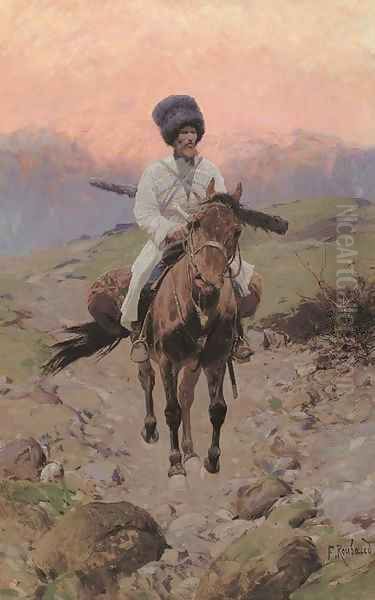 A Cossack on horseback at sunset Oil Painting by Frants Alekseevich Rubo