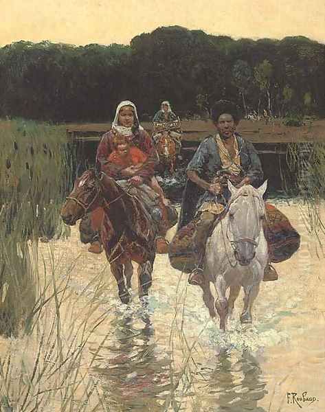 A Cherkesse family fording a river Oil Painting by Frants Alekseevich Rubo