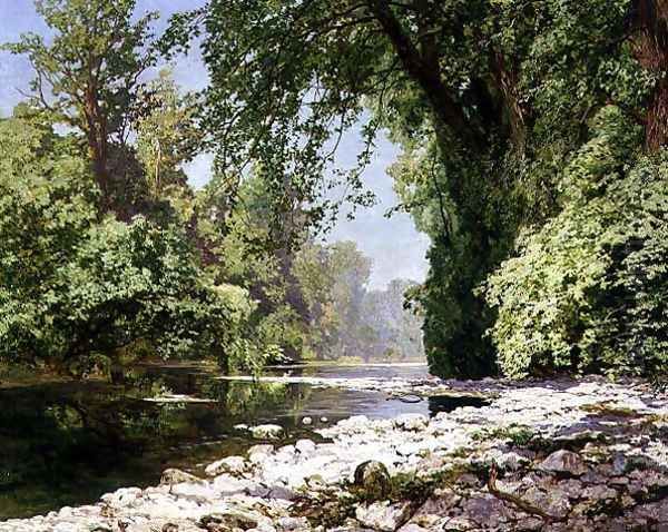 Wooded riverscape Oil Painting by Leopold Rolhaug