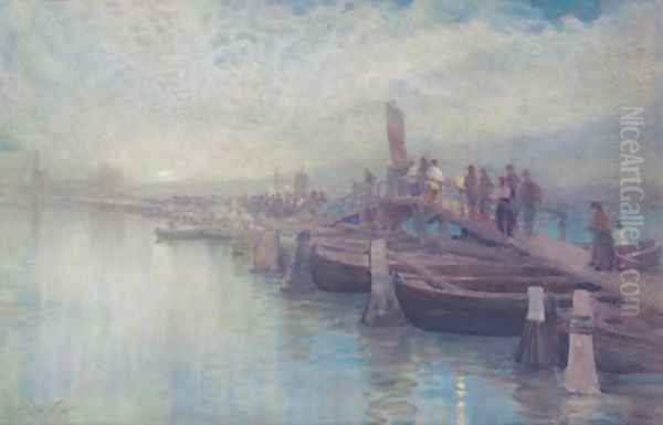 A moonlight procession over a bridge, Venice Oil Painting by Alexander Wallace Rimington