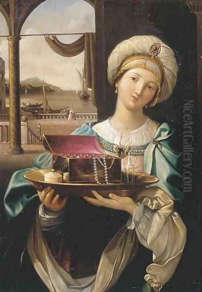 A lady holding a silver plate with a jewellery box, a harbour in the distance Oil Painting by Guido Reni