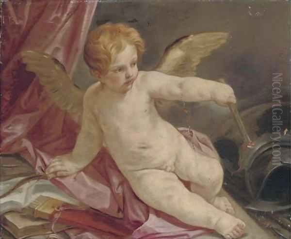 An Allegory of Love triumphant over War Cupid reclining on a couch with a torch, armour beside him Oil Painting by Guido Reni