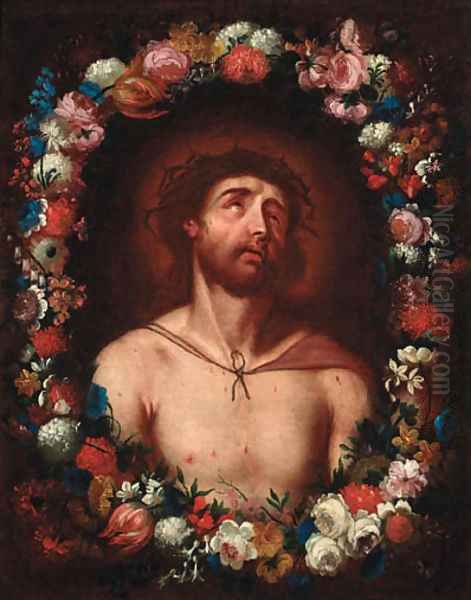 Christ crowned with thorns within a floral surround Oil Painting by Guido Reni