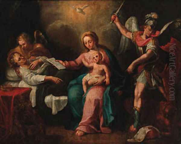 The Death of the Virgin, education of the Infant Christ and Saint Michael vanquishing evil Oil Painting by Guido Reni