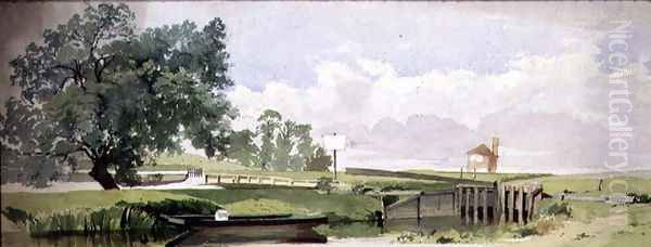 A Riverside Scene with a Lock, c.1860 Oil Painting by Edward W. Robinson