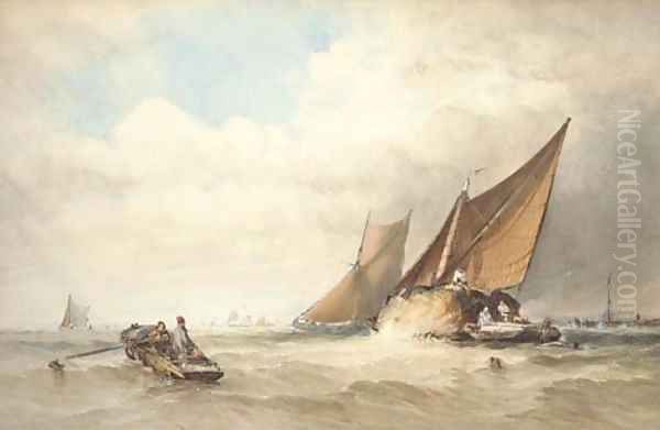 Hay barges in close quarters off the coast Oil Painting by Thomas Sewell Robins