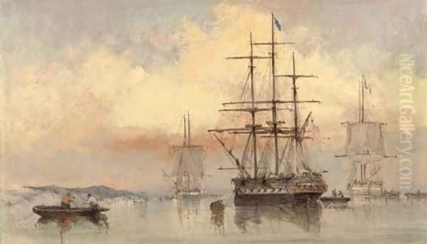 Shipping in a calm off Gilkicker Point Oil Painting by Thomas Sewell Robins