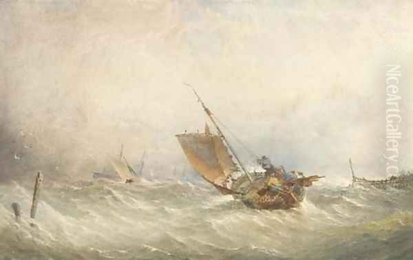 A fishing smack in high seas Oil Painting by Thomas Sewell Robins