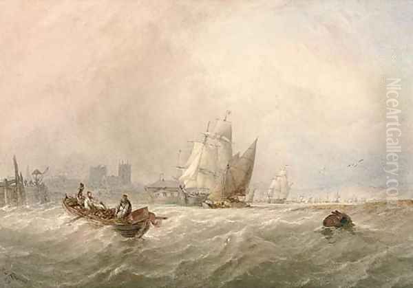 Fishermen hauling in their nets on the Medway amidst other shipping, Rochester Cathedral beyond Oil Painting by Thomas Sewell Robins