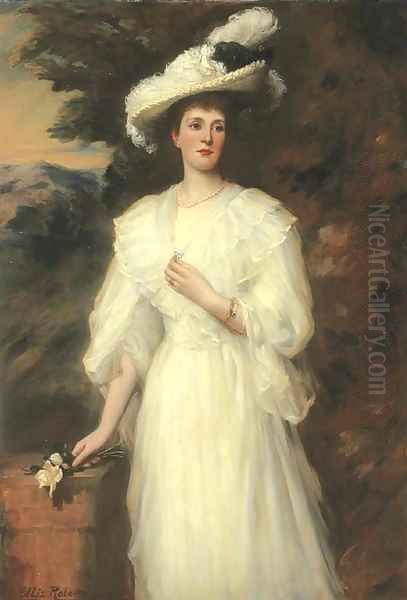 Portrait Of Edith, Lady Cunard, Three-Quarter-Length, In A White Dress Oil Painting by Ellis William Roberts