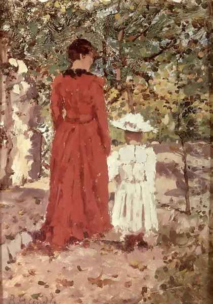 Woman and Child in the Garden, 1900 Oil Painting by Enrico Reycend