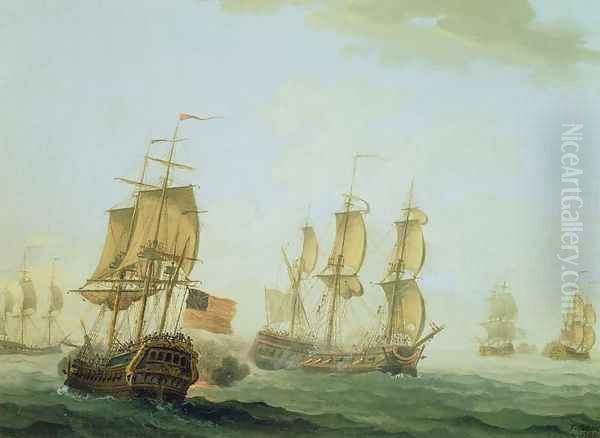 Naval Engagement between a British East Indiaman and a French Warship, 1781 Oil Painting by Joseph Roux