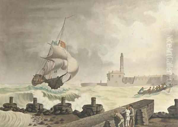 A French brig riding the swell at the entrance to the port of Cette, observed from La Pointe Richelieu Oil Painting by Joseph Roux