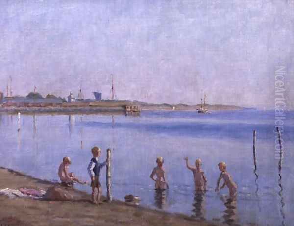 Boys at Waters Edge Oil Painting by Johan Rohde