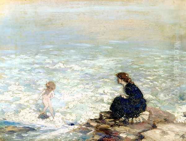 Mother and Child at the Waters Edge Oil Painting by George William Russell