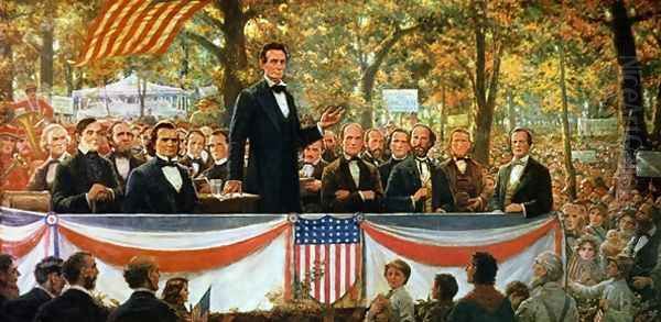 Abraham Lincoln and Stephen A. Douglas debating at Charleston, Illinois on 18th September 1858, 1918 Oil Painting by Robert Marshall Root