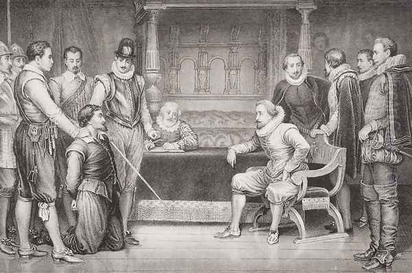 Guy Fawkes 1570-1606 interrogated by James I 1566-1625 and his council in the King's bedchamber, from Illustrations of English and Scottish History Volume I Oil Painting by Ralston, William