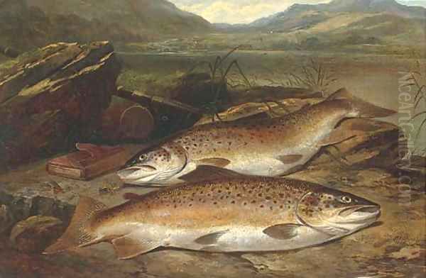 Brown trout on a river bank Oil Painting by Henry Leonidas Rolfe