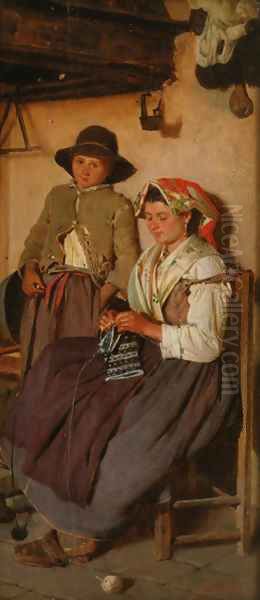 The knitter Oil Painting by Della Rocca