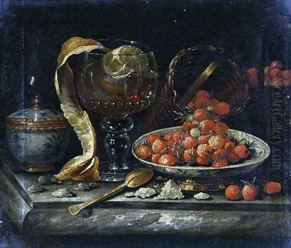 Still Life of Chinese Blue and White Bowl and Cover, Glass Roemer, Gold Spoon and Fruit Oil Painting by (manner of) Roestraten, Pieter Gerritsz. van