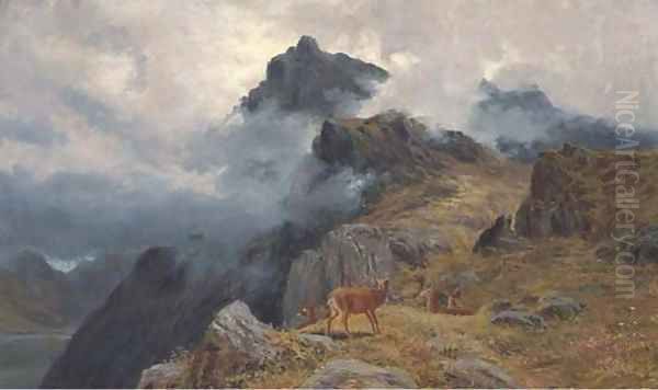 A stag and hines in a Highland landscape Oil Painting by Clarence Roe