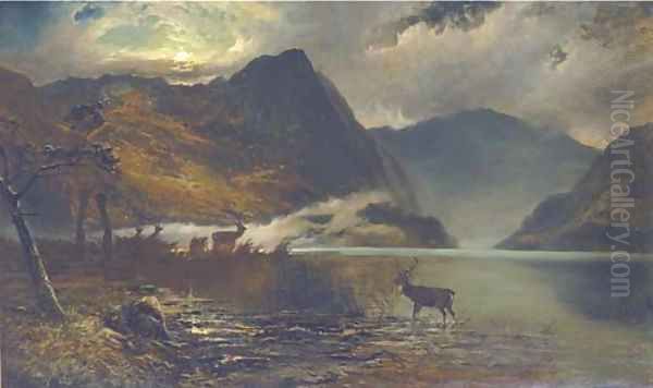 Stags watering by a moonlit loch Oil Painting by Clarence Roe