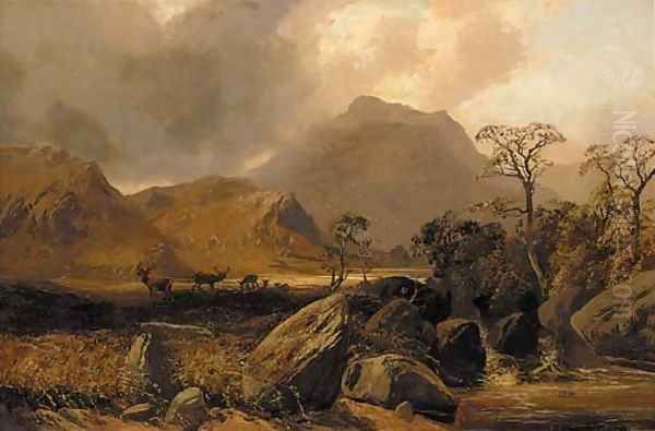 Stags in a Highland landscape Oil Painting by Clarence Roe