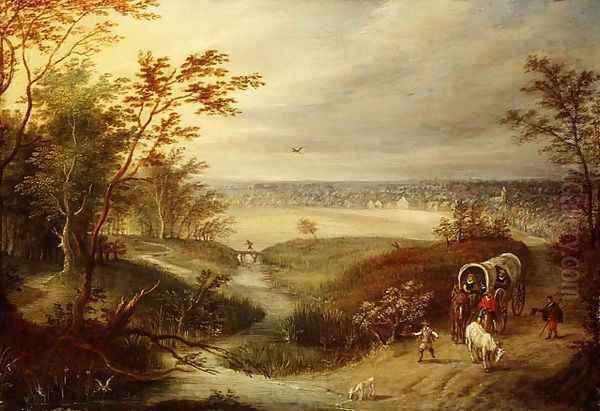 An extensive wooded landscape with a waggon at a ford Oil Painting by Marten Ryckaert