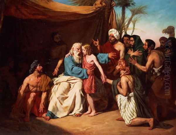 Jacob refusing to release Benjamin, 1829 Oil Painting by Adolphe Roger