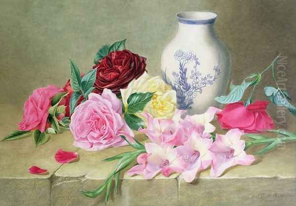 Still Life of Roses and Gladioli Oil Painting by Ellen Mary Rosenberg