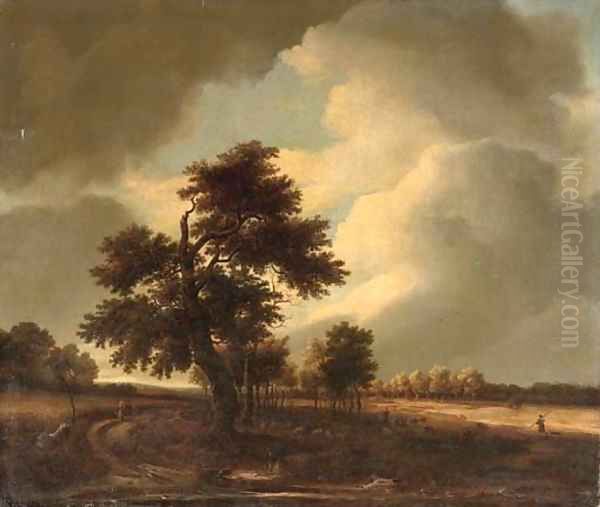 A wooded landscape with travellers on a track and a shepherd with his flock Oil Painting by Isaak van Ruisdael