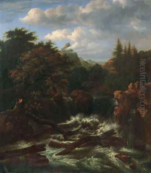 A traveller on a rock by a waterfall in a wooded landscape Oil Painting by Isaak van Ruisdael