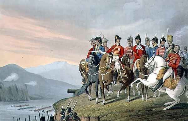 The Duke of Wellington and his Staff Crossing the Bidassoa and Entering France, 1813, engraved by Matthew Dubourg fl.1813-20 from Historic, Military and Naval Anecdotes, pub. by Edward Orme 1774-c.1820 1818 Oil Painting by Rigaud, Stephen Francis Dutihl