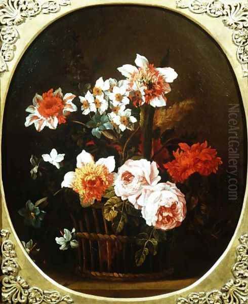 Still Life of Flowers in a Basket, 18th century Oil Painting by Nicholas Ricoeur