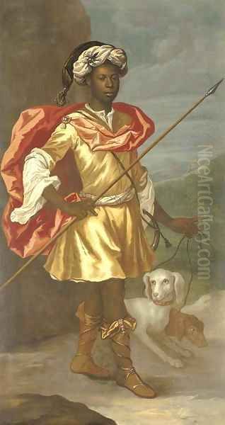 Portrait of a Moorish servant, full-length, in classical hunting dress and a turban, with a couple of hounds Oil Painting by Richardson. Jonathan