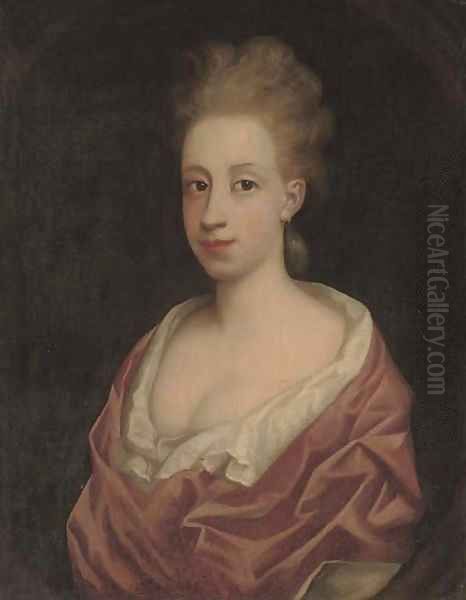 Portrait of a lady, bust-length, in a white dress and pink wrap, in a feigned oval Oil Painting by Richardson. Jonathan