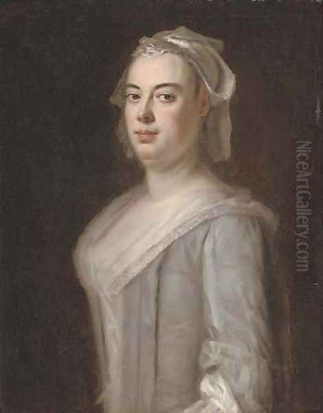 Portrait of a lady, half-length, in a grey dress with a white cap Oil Painting by Richardson. Jonathan