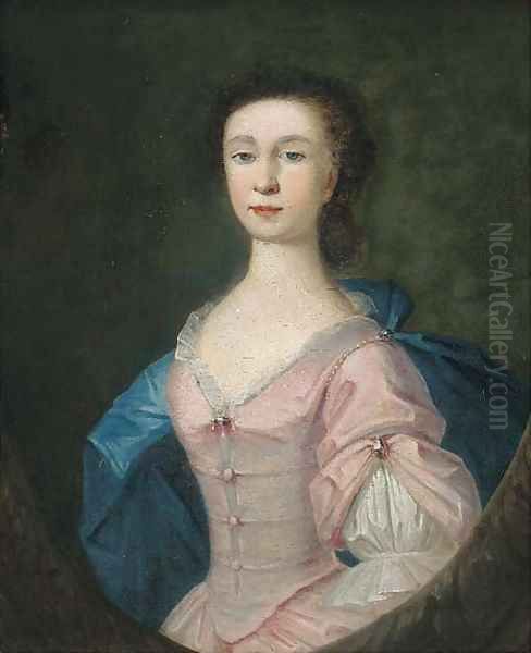 Portrait of Alice Bill, half-length, in a pink dress and blue wrap, in a feigned oval Oil Painting by Richardson. Jonathan