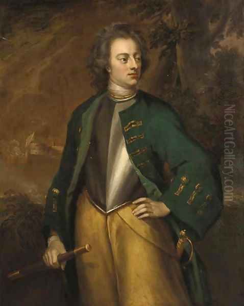 Portrait of a gentleman, standing three-quarter-length, in a green coat and breastplate, holding a baton, a battle raging beyond Oil Painting by Richardson. Jonathan