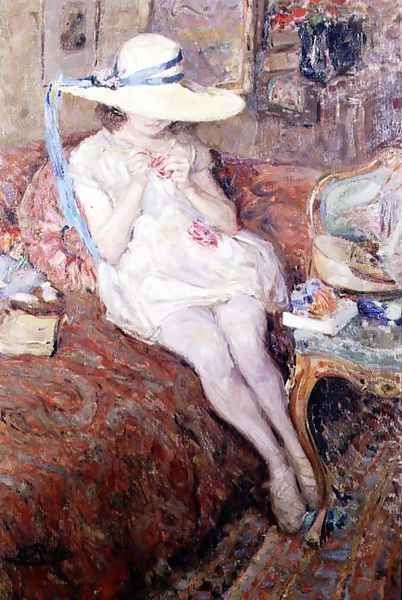 Young Girl in a Straw Hat, 1921 Oil Painting by Ernest Rocher