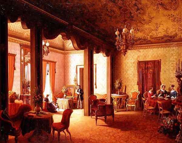 Interior of the Salon of Tsarina Alexandra in the Villa des Herzogs Serradifalco, Palermo Oil Painting by Carl Ludwig Rundt