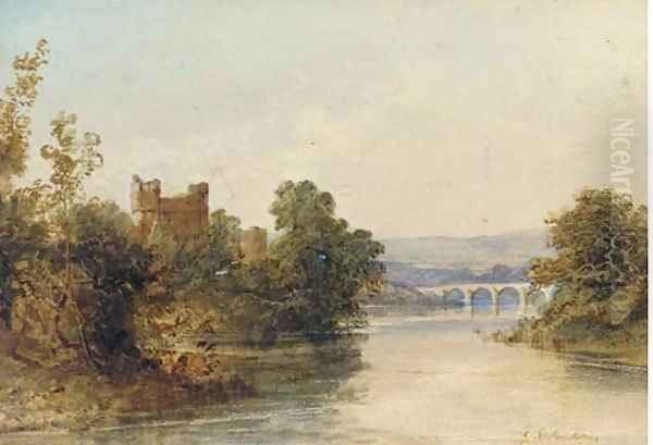 Castle ruins on the banks of a river, a bridge beyond Oil Painting by Edward M. Richardson