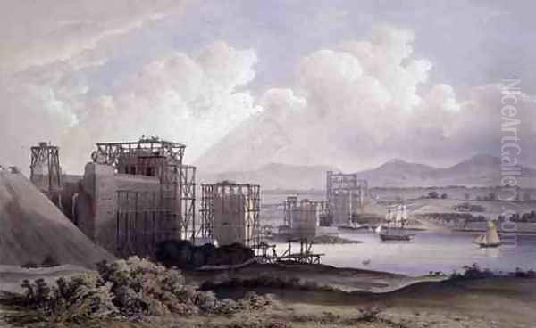 Britannia Tubular Bridge over the Menai Straits, taken during construction in 1848, lithograph by Day and Son, 1848 Oil Painting by Russell, S.