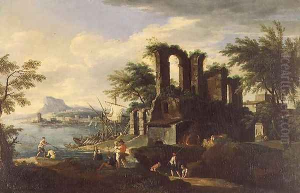 An Italian coastal landscape with fisherfolk Oil Painting by Salvator Rosa