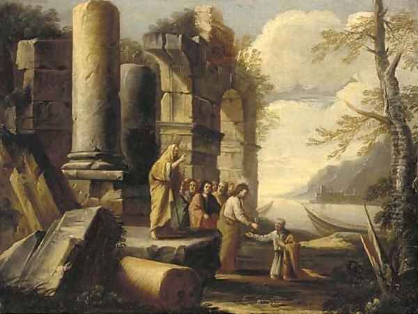 A capriccio of classical ruins with Christ's Charge to Peter Oil Painting by Salvator Rosa