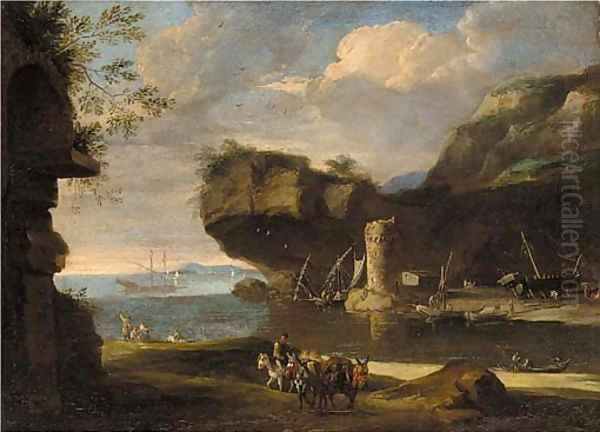 A Mediterranean costal inlet with figures on the shore Oil Painting by Salvator Rosa